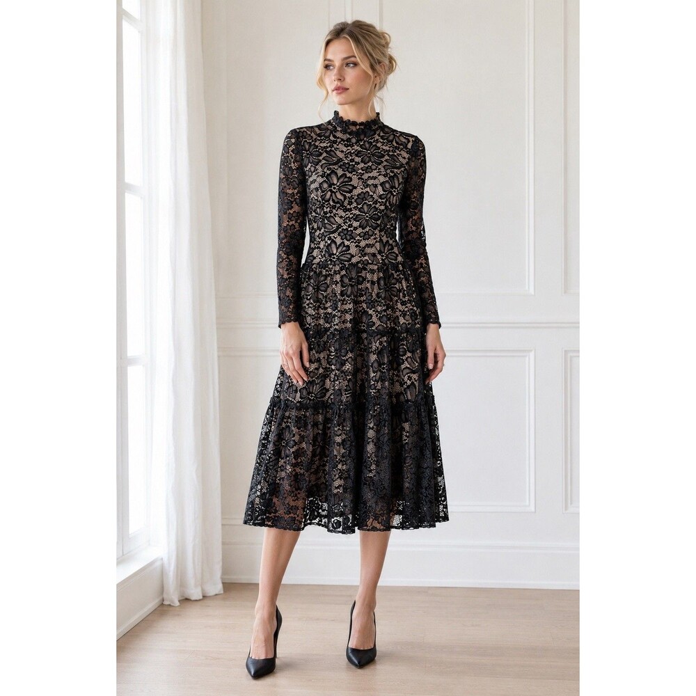 Eliza J Black Nude Lined Velvet Lace Tiered Dress Romantic Whimsygoth 10